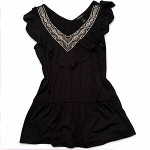 White House l Black Market Black Ruffled Top with Embellishments Detail L